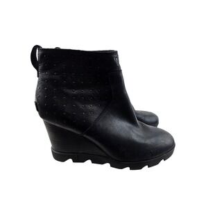 Sorel Joan Uptown Stud Wedge Ankle Boots Black Waterproof Leather 10.5 Casual